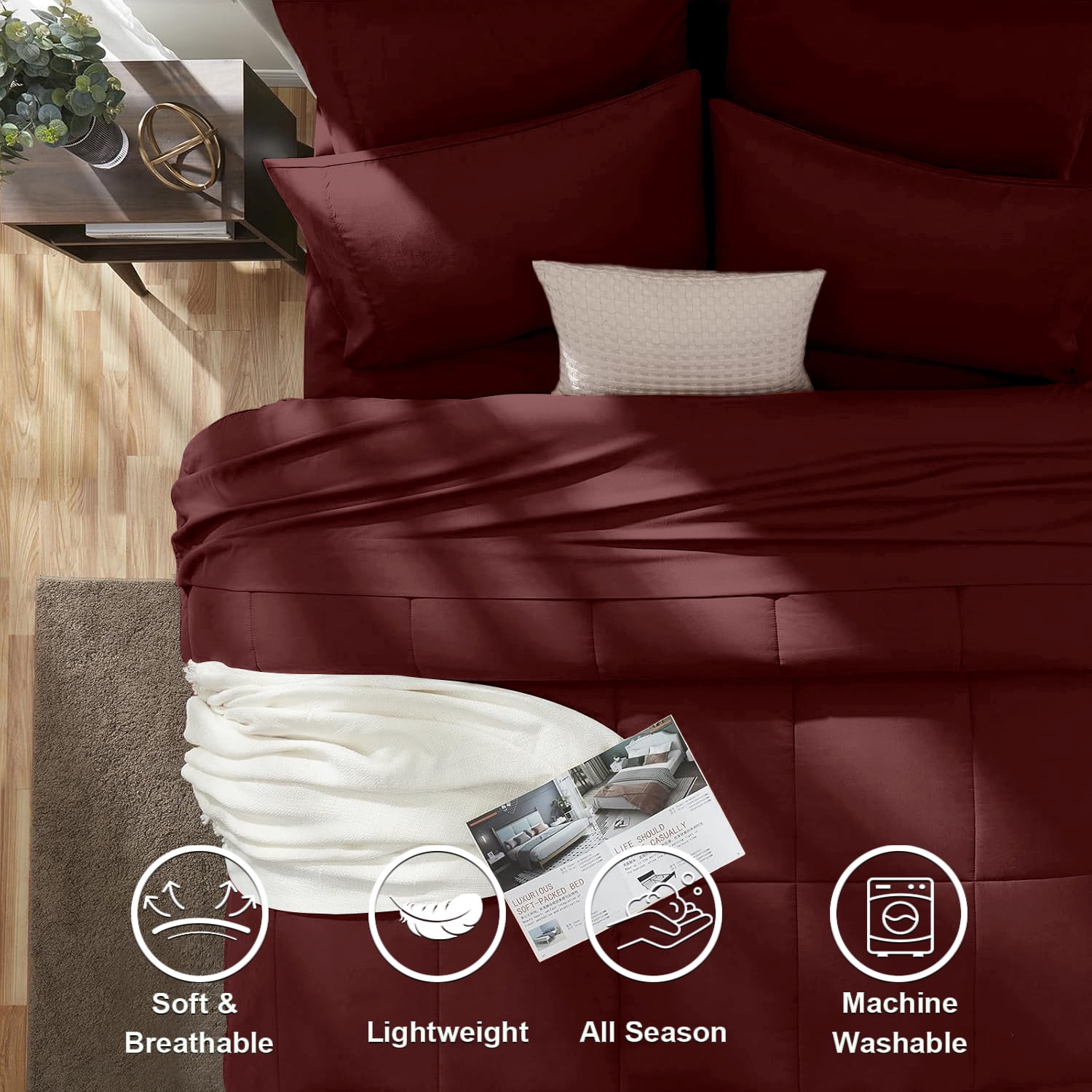 Flymme Queen Comforter Set Burgundy Bed in a Bag Queen Size 7 Pieces Soft Bed Set for All Seasons Lightweight Microfibe Red Bedding Set for Women Man
