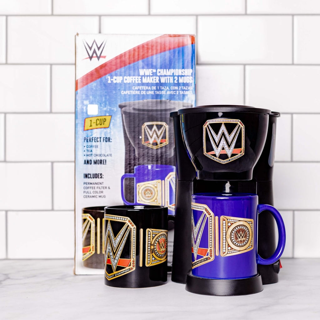 Uncanny Brands WWE Single Cup Coffee Maker Gift Set with 2 Mugs - Caffeinate Like A Champion