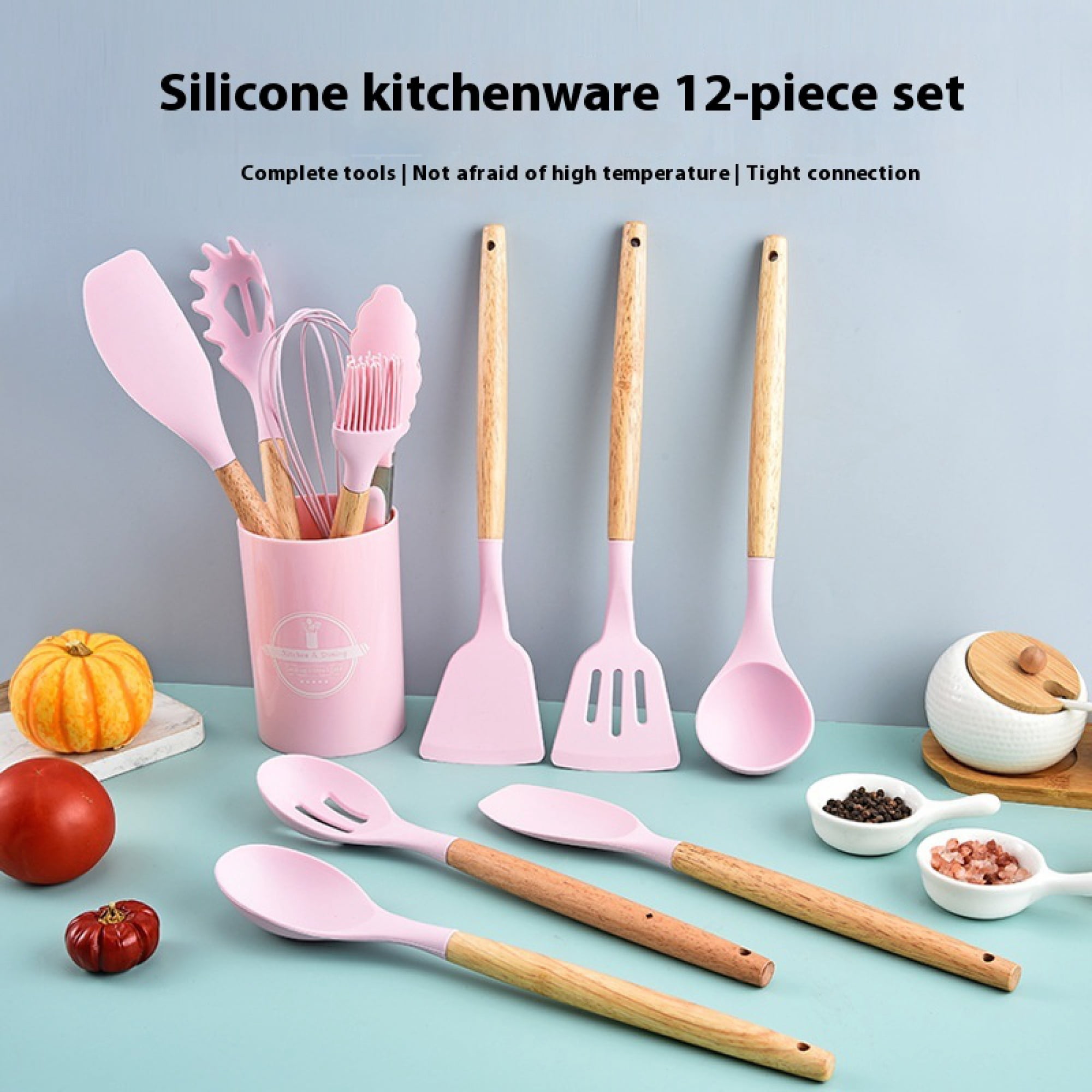WISOLT Pink Silicone Kitchen Utensils Set - 12 Pieces with Wooden Handles & Storage Bucket, Heat-Resistant for Non-Stick Cookware.