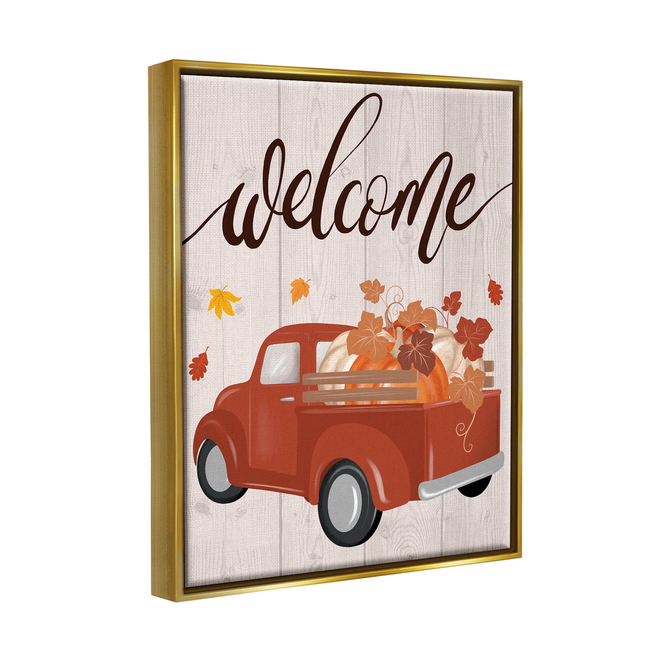 Stupell Industries Welcome Country Pumpkin Truck Graphic Art Metallic Gold Floating Framed Canvas Print Wall Art, Design by Jo Taylor