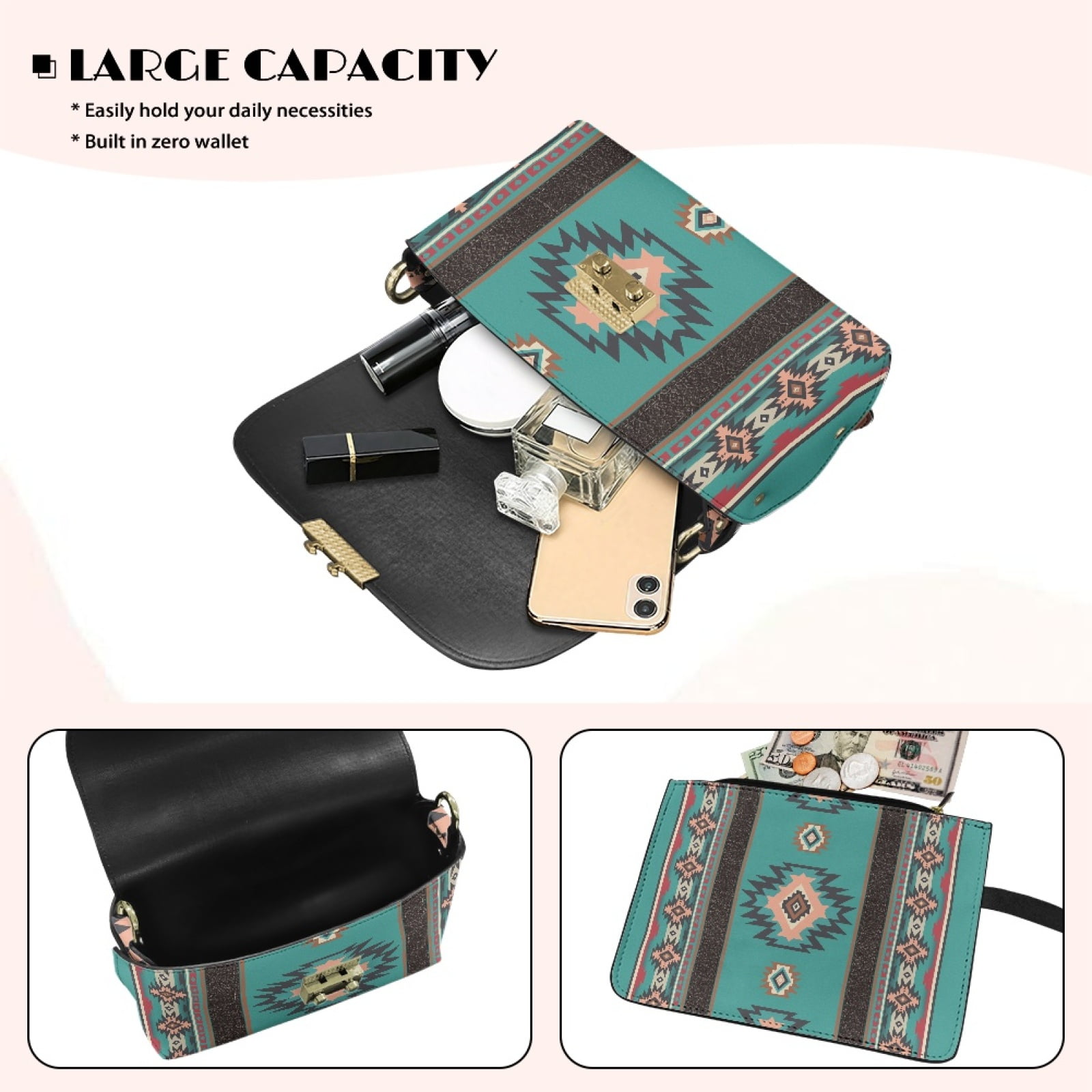 SCRAWLGOD American Tribal Cyan Brown Small Crossbody Bags for Women Leather Cell Phone Purse Crossover Shoulder Bag Crossbody Travel Purse with Detachable Strap