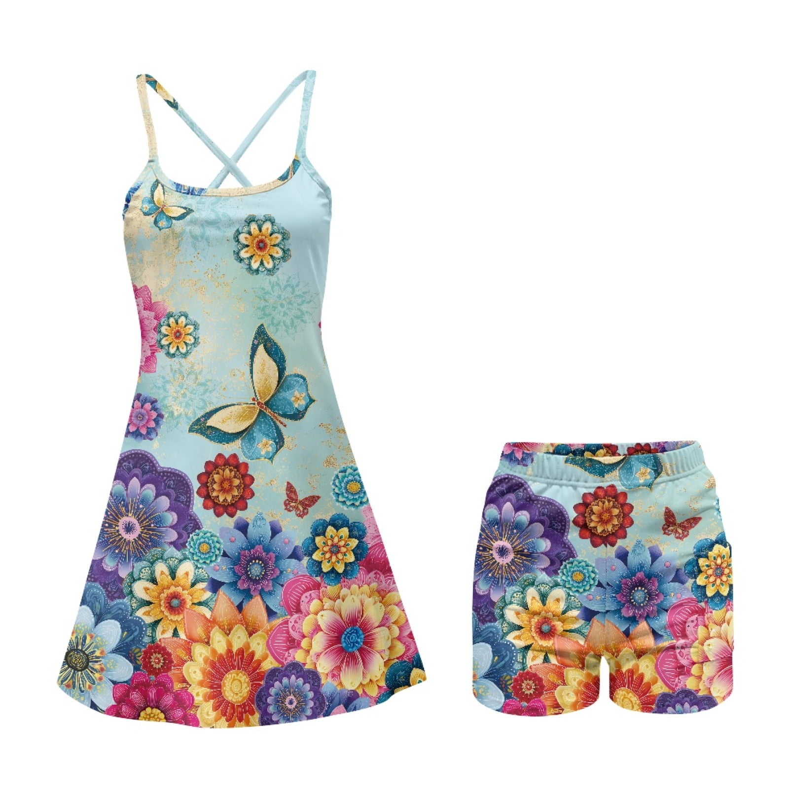 Yuyamidu Butterfly Womens Tennis Dress Summer Golf Dress with Built in Shorts Boho Flowers Sleeveless Workout Athletic Dresses with Pocket Size L