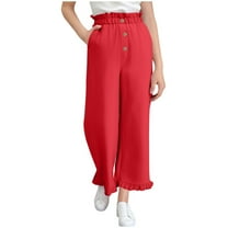 Ohufall Girls Dress Pants with Pockets, Kids Solid Color Casual Elastic High Waist Wide Leg Pants Fashion Loose Comfy Ruffle Hem Trousers for Teen Girls, 5-15 Years