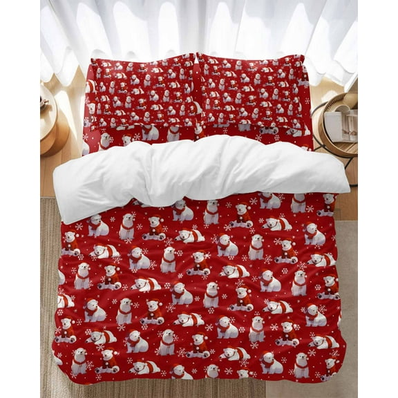 Polar Bear Bedding Duvet Cover Set Twin Size 4 Pieces Christmas Red Soft Twill Plush Quilt Cover, Include 1 Duvet Cover 1 Flat Sheet And 2 Pillow