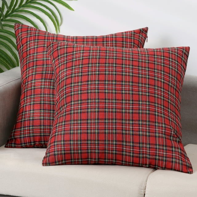 REGALWOVEN Pack de 2 fundas de almohada decorativas de cuadros festivos escoceses Tartan, fundas de cojín cuadradas de cuadrícula fina rojas de 18" x 18"