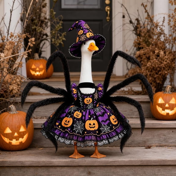 Halloween Spider Porch Goose Outfit, Hat and Clothes Costume for 23 Inch Lawn Goose Statue, Trick or Treat Outdoor Garden Patio Yard Lawn Decor