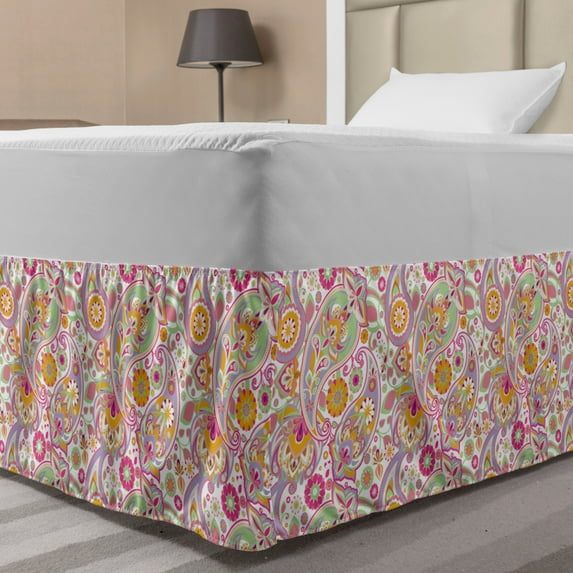 Paisley Bed Skirt, Traditional Inspired Elements Colorful Composition Floral Print, Elastic Bedskirt Dust Ruffle Wrap Around for Bedding Decor, 4 Sizes, Lilac Multicolor, by Ambesonne