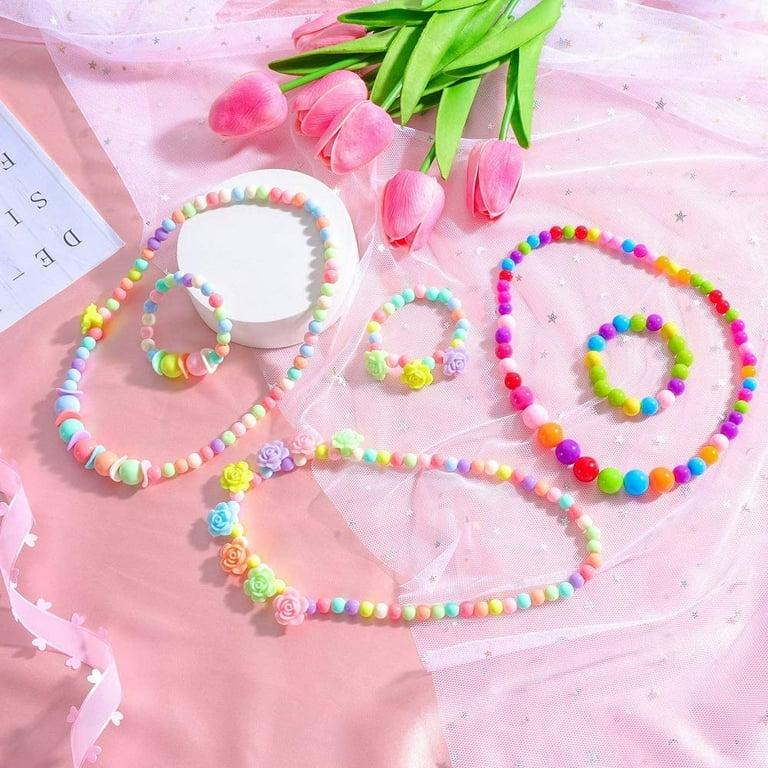 BigOtters Little Girls Necklace Bracelet 3 Sets Kids Lovely Beaded Necklace and Bracelet Colorful Beads Jewelry Princess Dress Up for Toddlers Kids