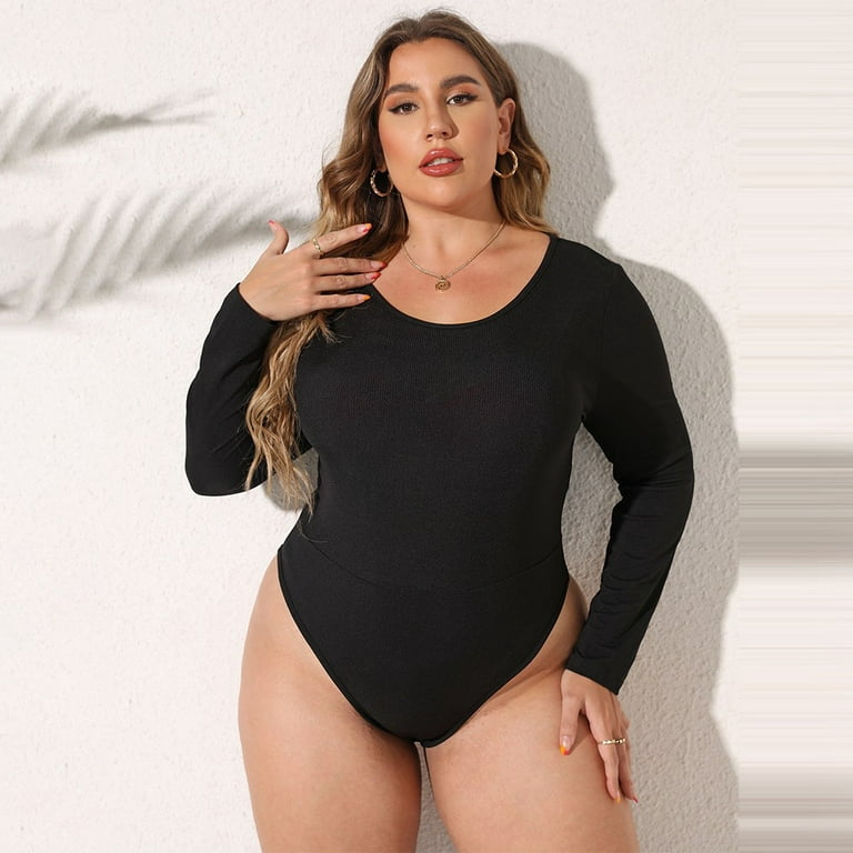 Women Ladies Plus Size O-Neck Rib-Knit Bodysuit Casual Long Sleeve Bodycon  Body Top Black XL