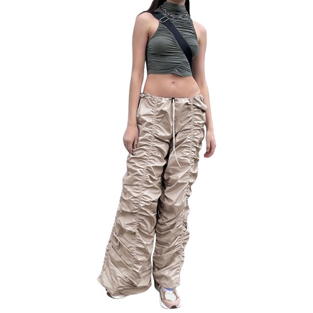 VISgogo Pantalones casuales de moda para mujer, pantalones largos de pierna ancha con cordón fruncido de color sólido VISgogo moda