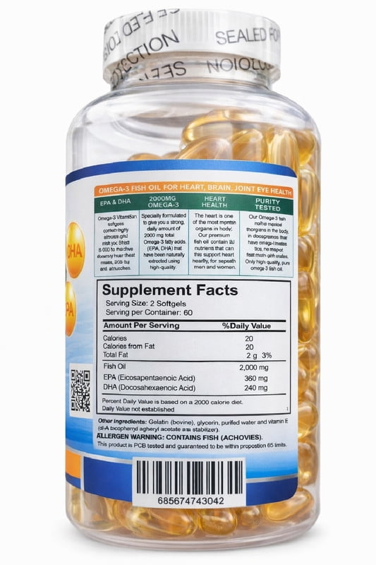 Vitamisan Omega 3 Fish Oil 2000 mg – 120 Softgels – EPA & DHA Support – Heart, Brain & Joint Health – Extra Strength Fish Oil Supplement