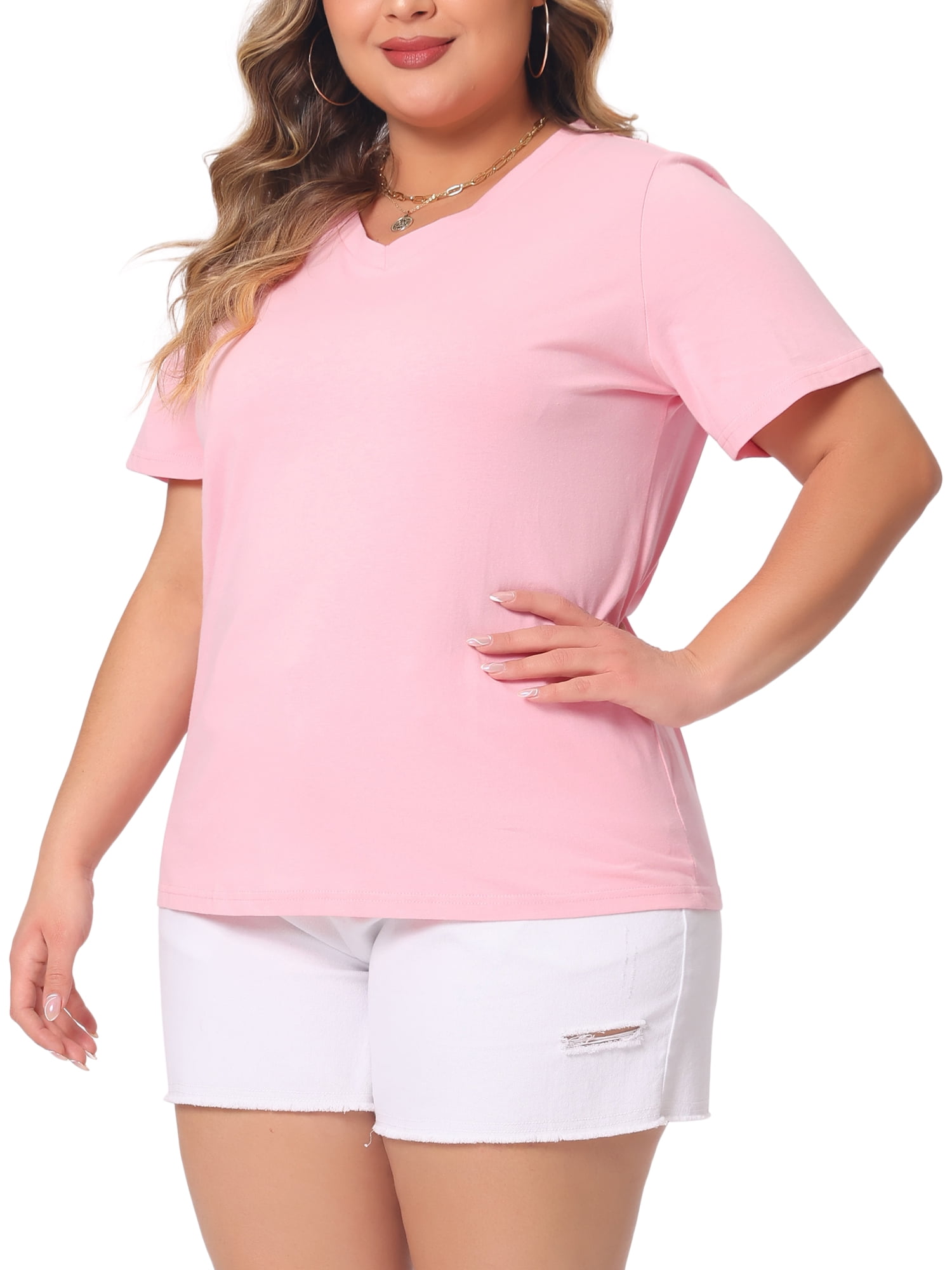 DARING DIVA Women's Plus Basic V Neck Short Sleeve Casual Tops T Shirts 2X Pink