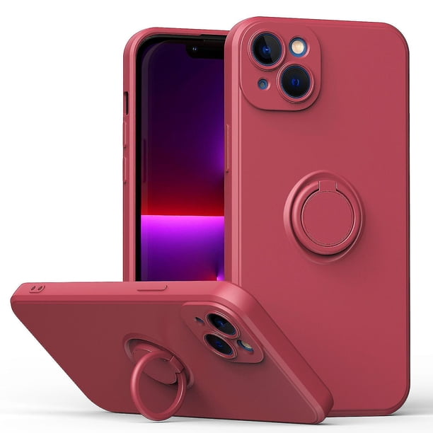 Funda de color sencillo para iPhone 14 Plus con soporte de anillo, placa metálica para carga magnética, diseño antigolpes y soporte giratorio de 360 grados.