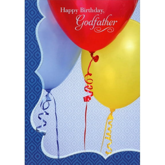 Designer Greetings Red, Blue, Yellow Balloons Closeup Thin Glitter Border Birthday Card for Godfather