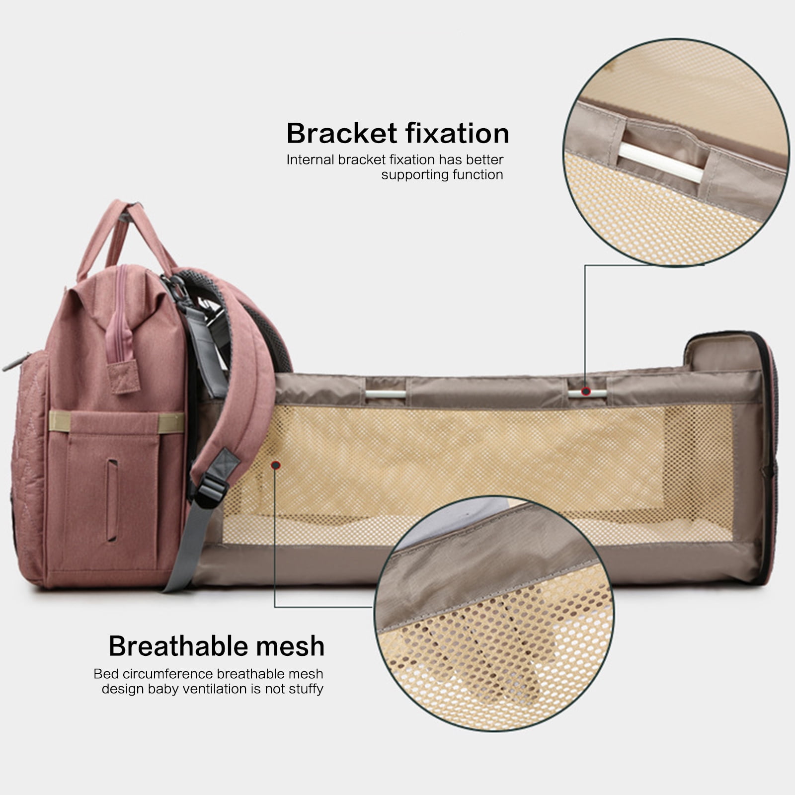 Baby Diaper Bag Backpack with Foldable Bed Changing Bed Bag with Changing Mat &Stroller Straps Portable Large Capacity for Travel Baby Supplies