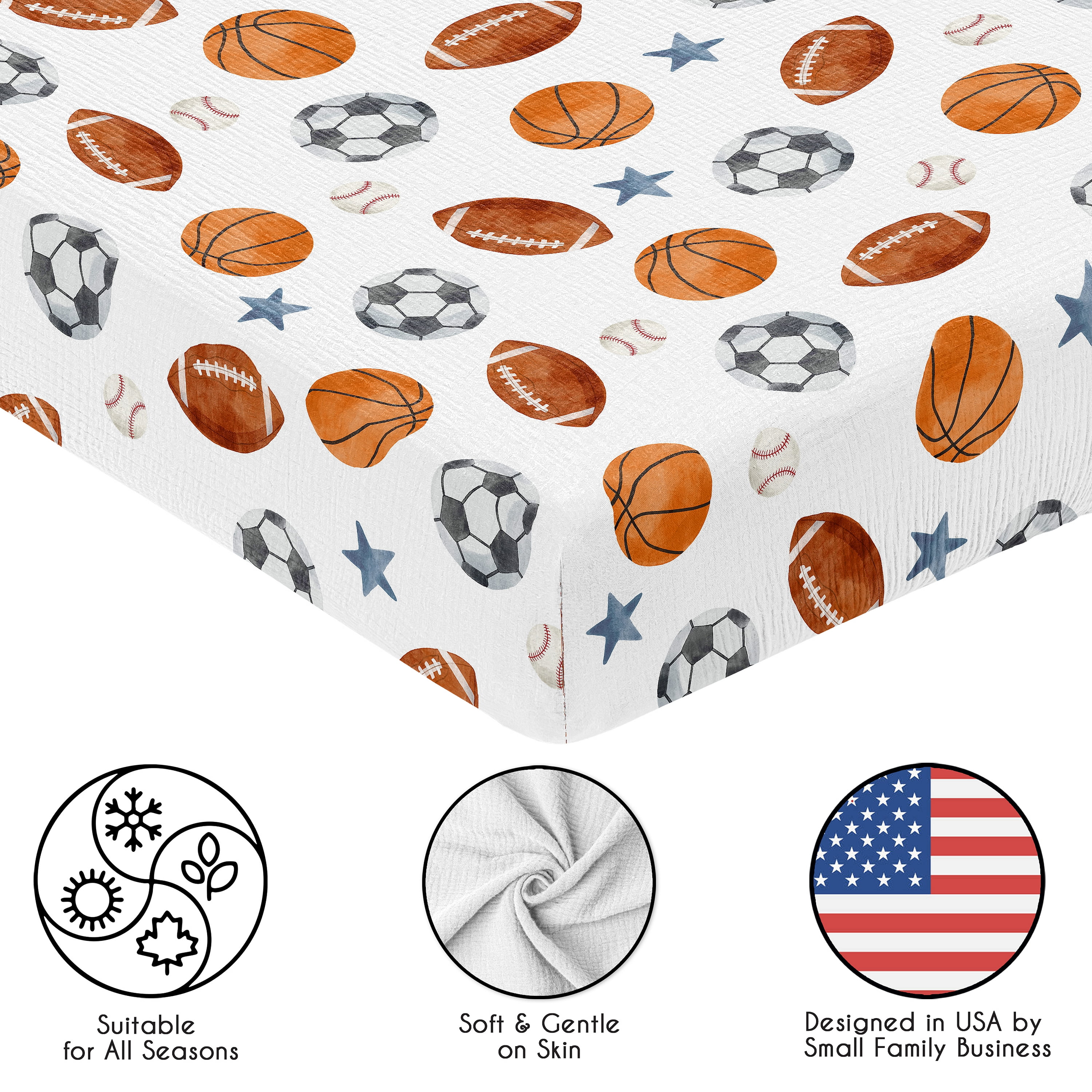 Sweet Jojo Designs Watercolor Sports Theme Boy 100% Cotton Muslin Fitted Crib Sheets Set 2 Piece