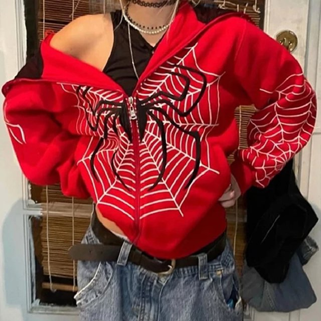 Y2k Spider-Man sudaderas con capucha mujer gótico negro Reiß verschluss übergroße sudaderas Mann weibliche Retro Harajuku Kapuzen jacken Streetwear
