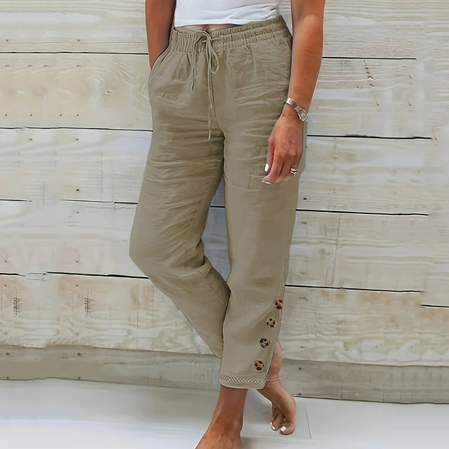 VKOYWKM Vente Flash du Jour Pantalons en Lin pour Femmes Été Pantalons en Coton Lin Décontractés Amples Pantalons de Détente Taille Élastique Pantalons à Jambes Droites avec Poches