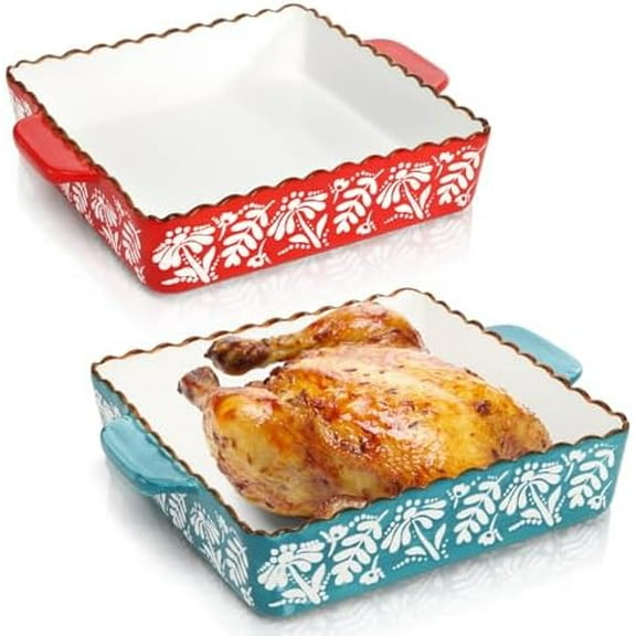 2 Pack Ceramic Baking Dish, 9 x 9 inch Porcelain Square Bakeware with Double Handle, Lasagna Pan Bakeware Baking Dishes for Cooking, Cakes, Roasting Family Dinner