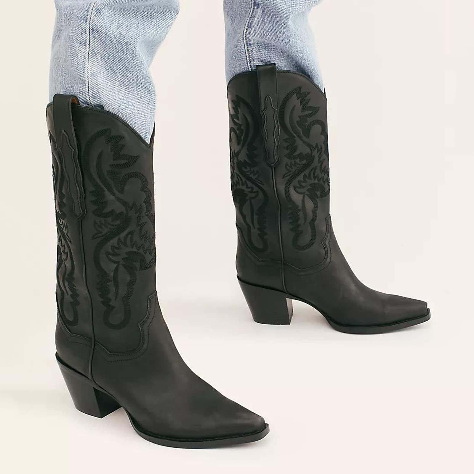 Femflame Cowboy Boots for Women Pull On Wide Calf Embroidered Mid Calf ...