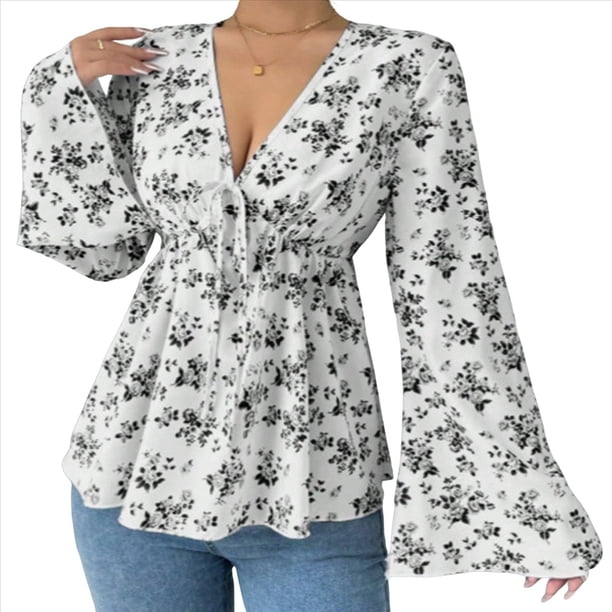 Blusa con Estampado Floral para Mujer, Larga, Estilo Babydoll, Escote en V Profundo, Peplum Negro XXL