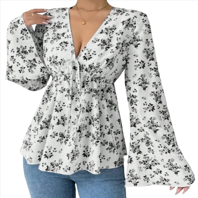 Blusa con Estampado Floral para Mujer, Larga, Estilo Babydoll, Escote en V Profundo, Peplum Negro XXL