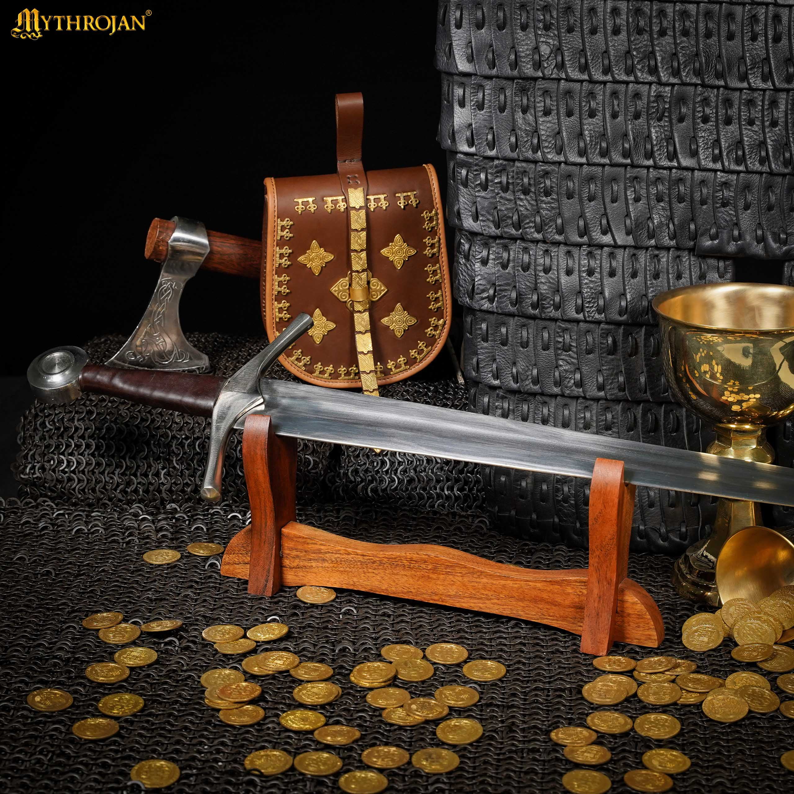 Mythrojan Medieval Sword Stand Solid Wood Horizontal Display Rack for Katana Stand, Samurai, Gladiator, Crusader Swords, 1-Tier