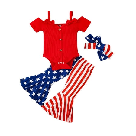 

Baby Girls Pants Set Short Sleeve Bowknot Romper with Stars Stripes Flare Pants and Headband