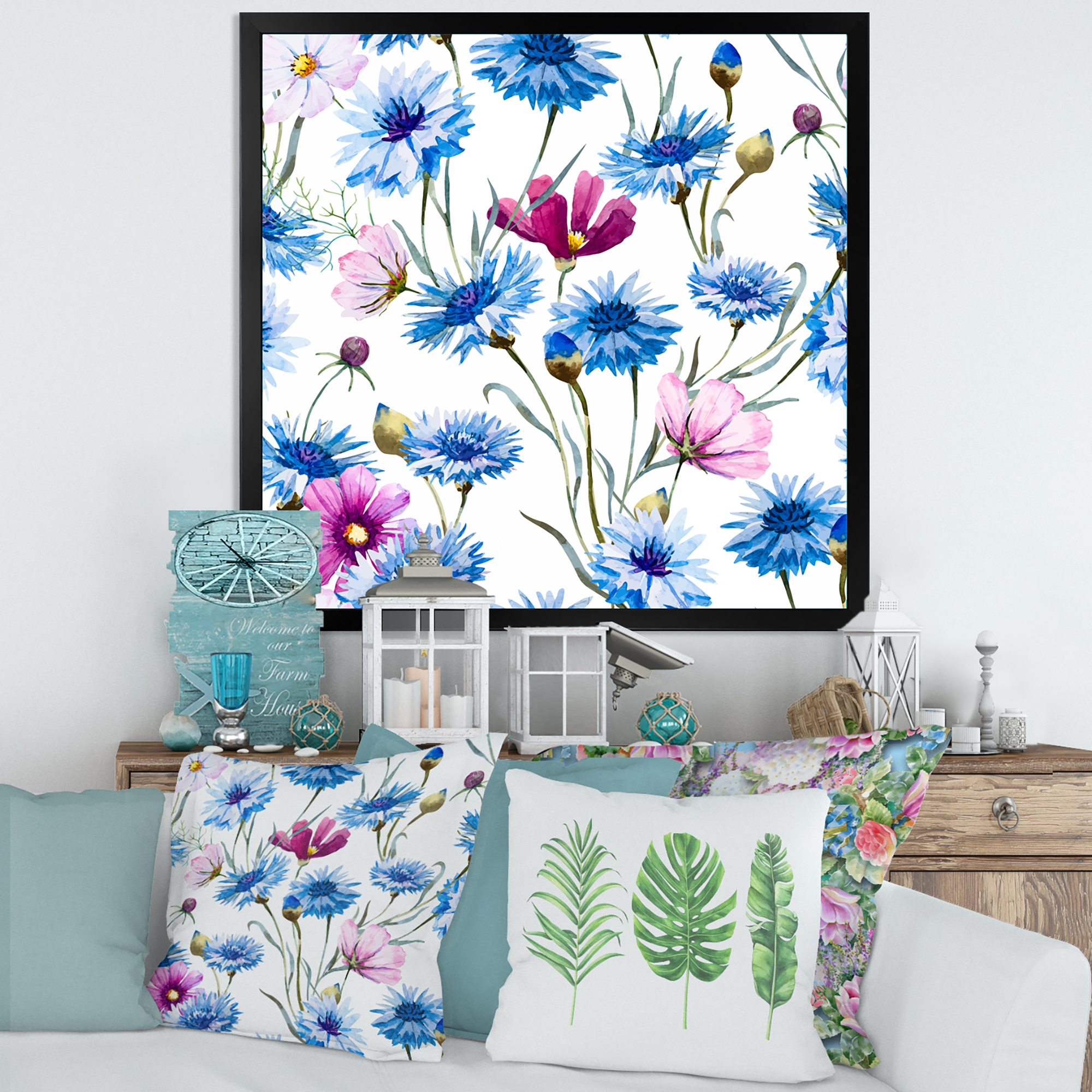 Designart 'Pink and Blue Wild Cornflowers' Traditional Framed Art Print