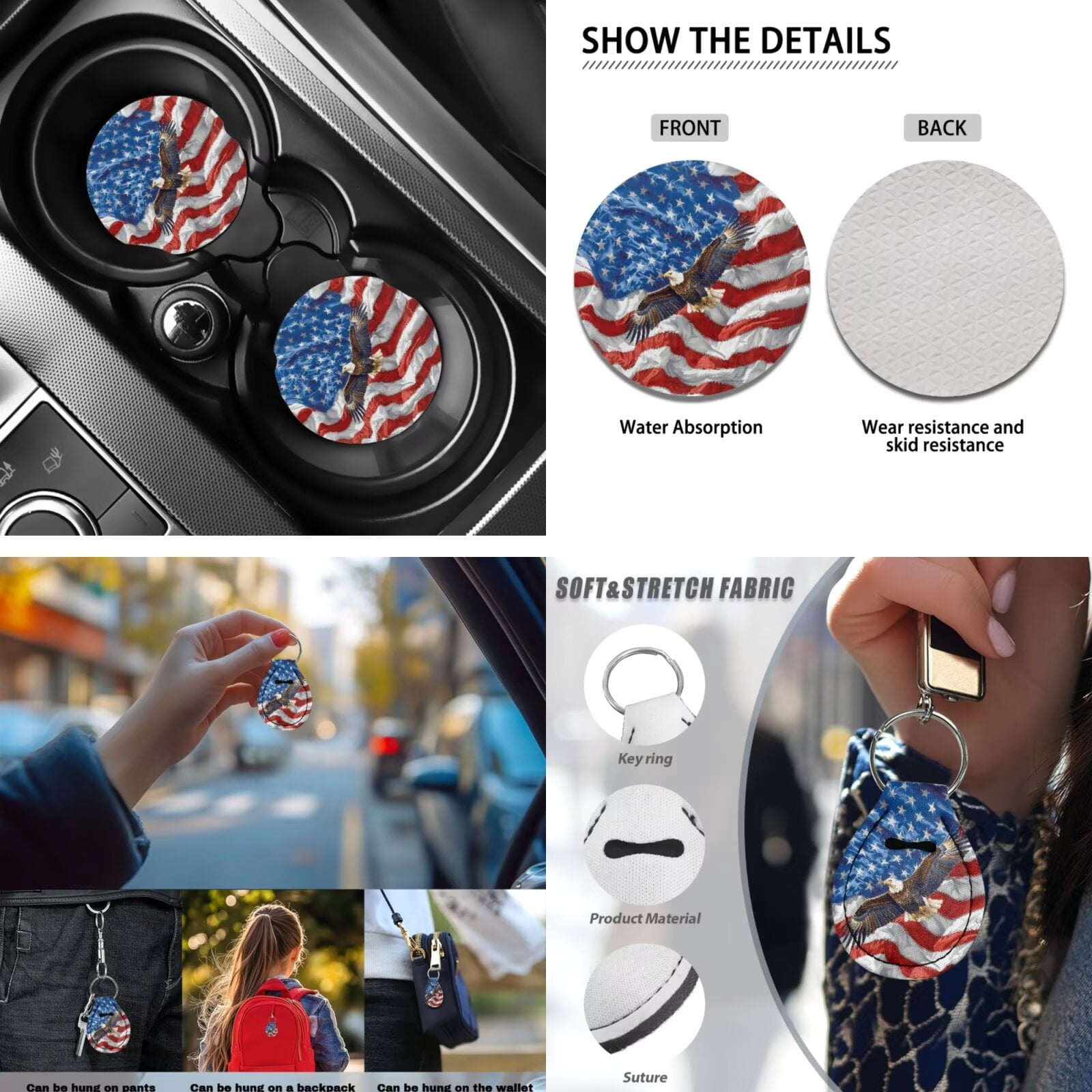 Garronmavis American Flag Eagles 13 Piece Seat Cover Set Universal Car Cover Steering Wheel Cover Armrest Cover Pad Seat Belt Cover Coaster Keychain Lipstick Cover Car Accessories