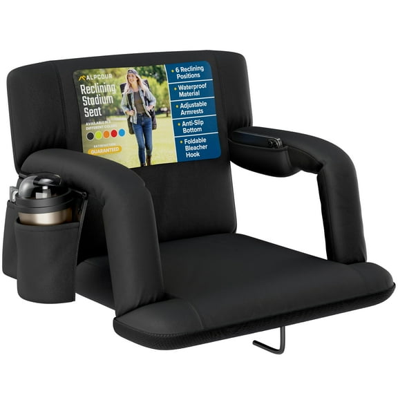 Alpcour Portable Reclining Stadium Seat with Arms, Waterproof Camping Chair, Extra Thick Padding - Black