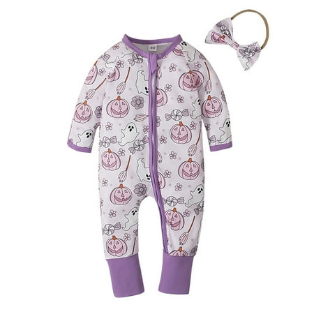 

Dxssxc Infant Baby Boy Girl Halloween Romper Pumpkin Print Zip Bodysuit Long Sleeve Jumpsuit with Headband Clothes Set
