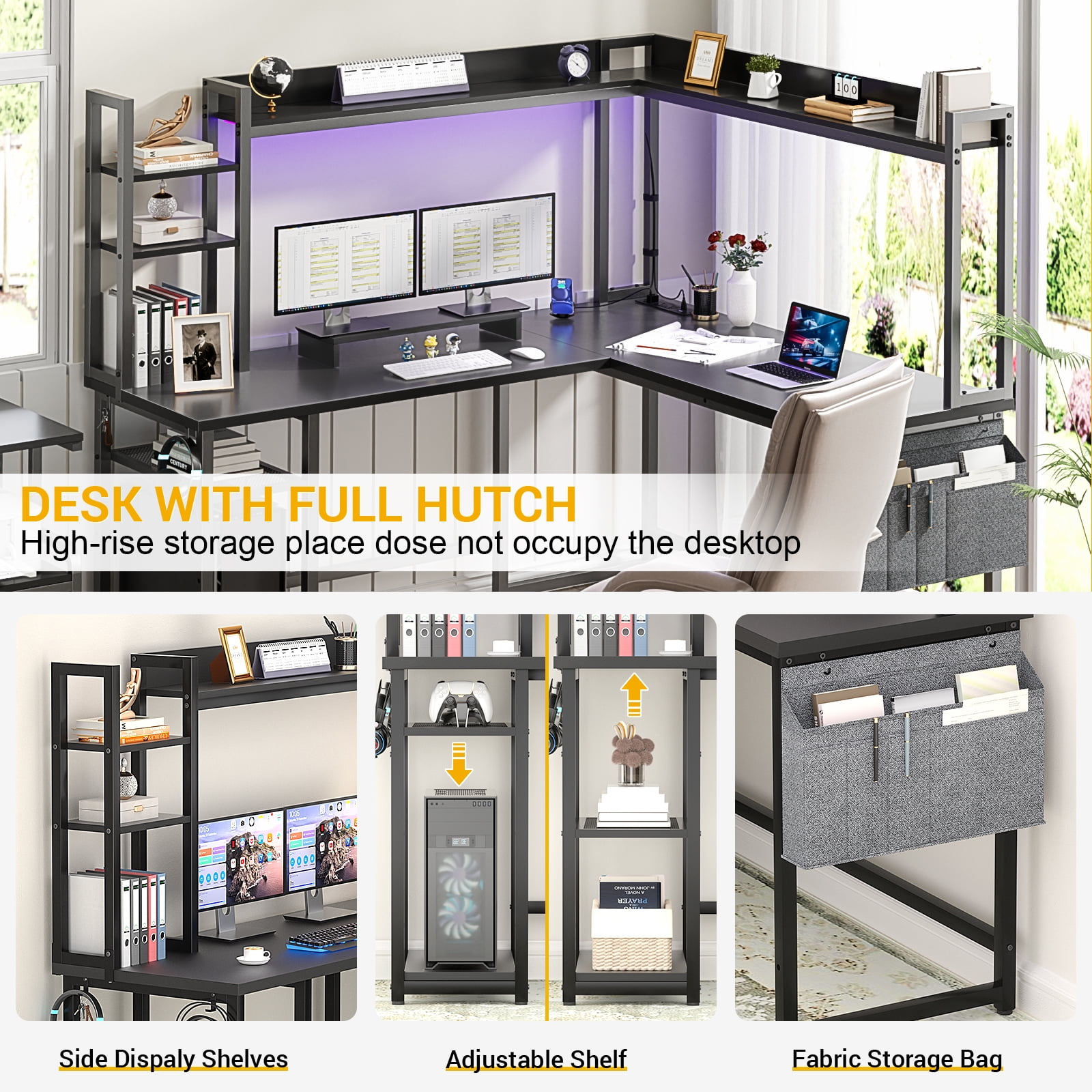 Homieasy L Shaped Desk with Power Outlet and LED lights, Reversible Corner Computer Desk with Hutch and Storage Shelf, Ergonomic L-Shaped Gaming Desk with Monitor Stand for Home Office, Black