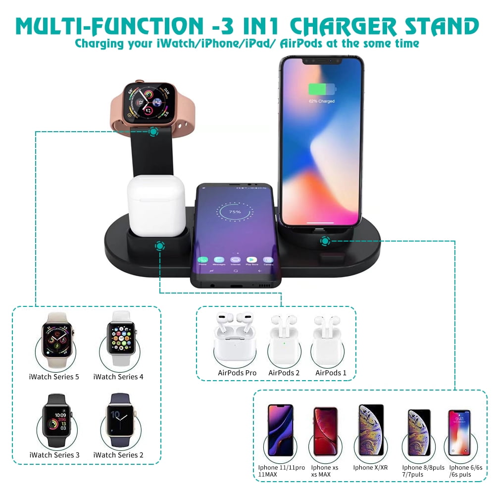SHELLTON 3 in 1 Wireless Charger, Charging Station for Apple Watch(Need Original Charger), AirPods Pro/2, Wireless Charging Stand for iPhone 12 Pro Max/11 Pro Max/X/XS/XR and All Qi-Enabled Phones