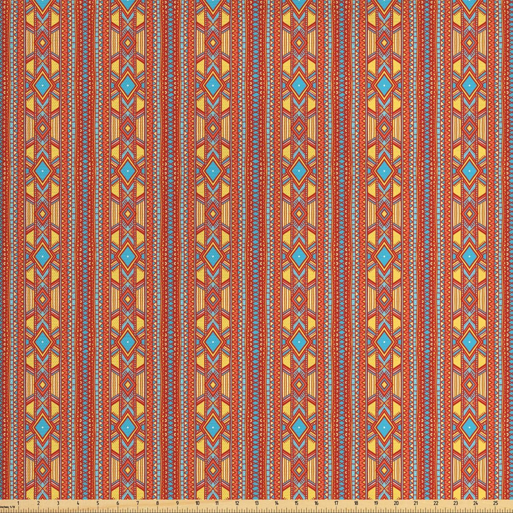 Tribal Fabric by The Yard, Tribal Arrangement with Geometric Elements Vertical Ornate Stripes