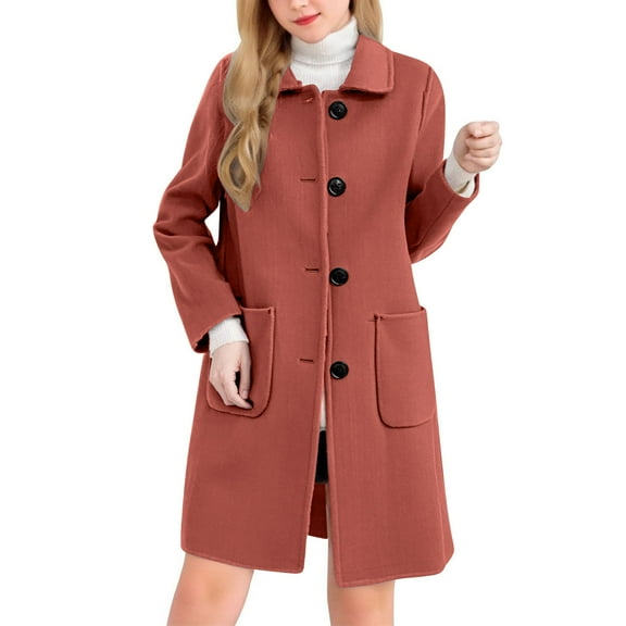 Wool Blend Trench Coat Womens Single Breasted Overcoat Lapel Collar Mid Long Dressy Jacket Pea Coat with Pockets (XL, Watermelon Red)