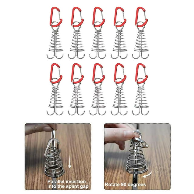 10Pcs Tent Stakes Deck Anchor Peg with Spring Buckle Carabiner Clips for Hiking Red