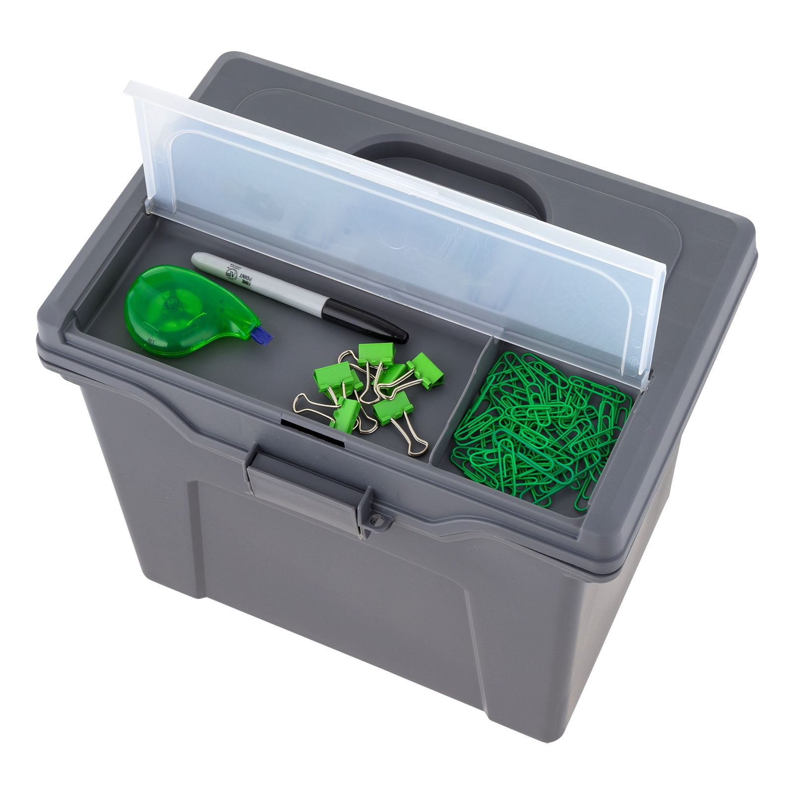IRIS, Portable Plastic File Box with Organizer Lid, Letter Size, Gray, 4 Pk