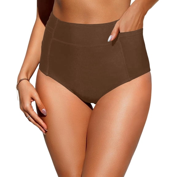 Women High Waisted Swimsuit Bikini Bottoms - Swim Bottom Full Coverage Bathing Suit with Pockets 2026 Brown S