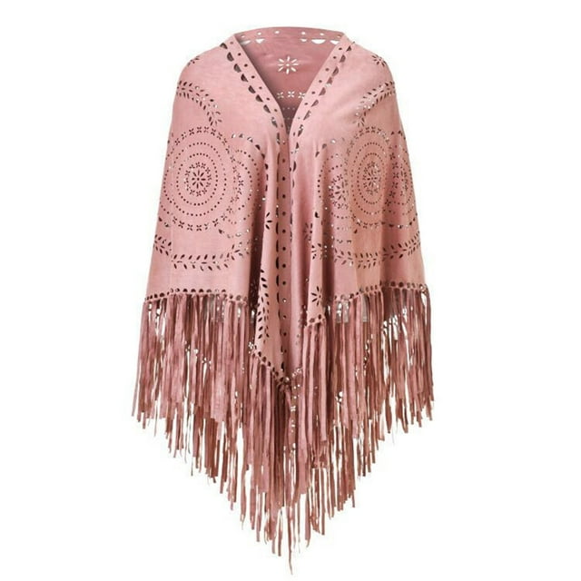 Women Loose Suede Fringes Open Cape Poncho Scarf With Punch Pattern Graceful Fringes Dropshipping Shawl