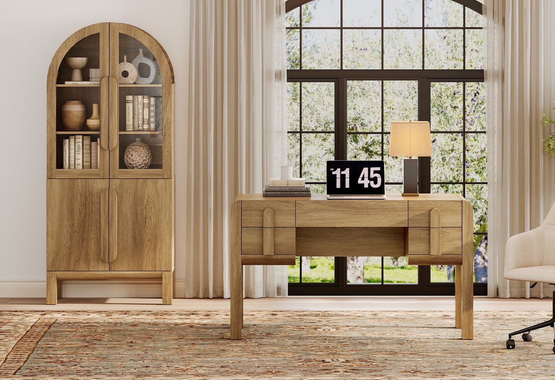 2 Piece Office Set, 53.5" Modern Executive Desk with Charging Station and Drawers & 71"H Tall 5-Tier Arched Bookcases with Glass Door for Living Room, Bedroom, Home Office