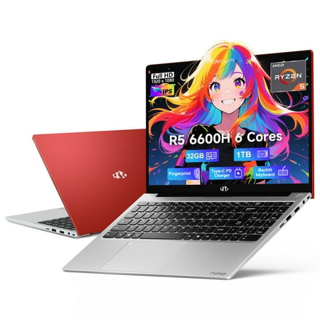 15.6 inch Student Gaming Laptop,32GB DDR5 1TB SSD 6-Cores,Fingerprint Backlit Keyboard 2 Years Warranty,AMD Ryzen 5 6600H 660M 6nm(Beat i5-12450H up to 4.5GHz)FHD IPS Business-Computer,Red