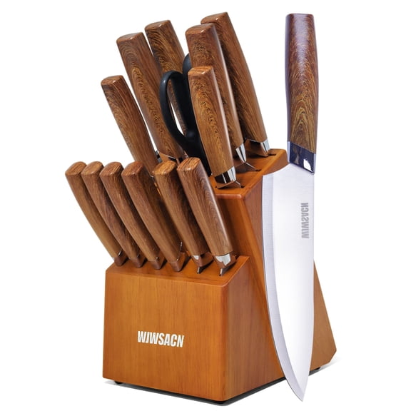 WJWSACN 14pcs Kitchen Knife Set with Block and Built-in Sharpener, High Carbon Stainless Steel Knives, Ultra Sharp Dishwasher Safe Knife Block Set, Non-Slip Handles, Brown