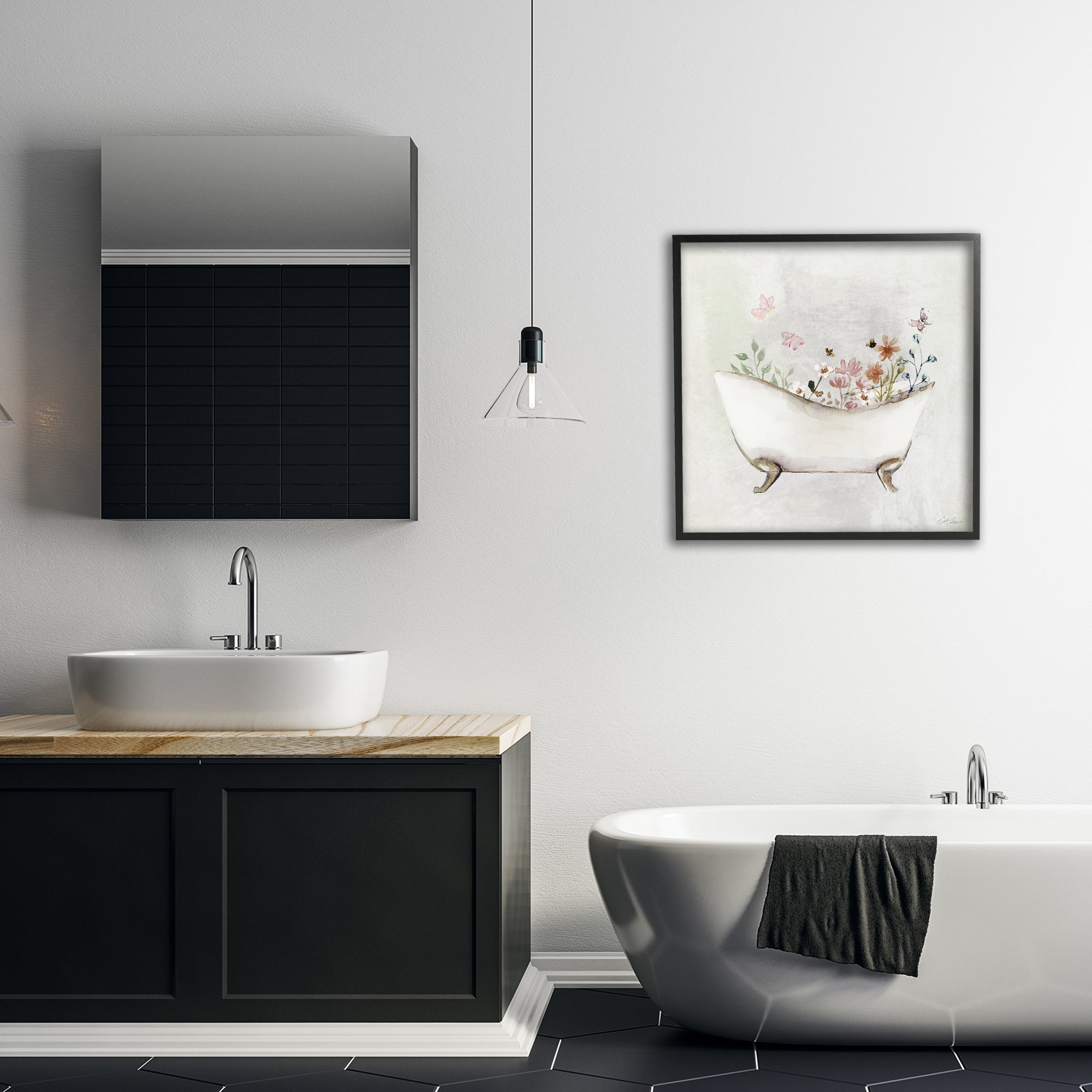 Stupell Industries Butterfly Floral Bath Typography Painting Black Framed Art Print Wall Art, 24 x 24