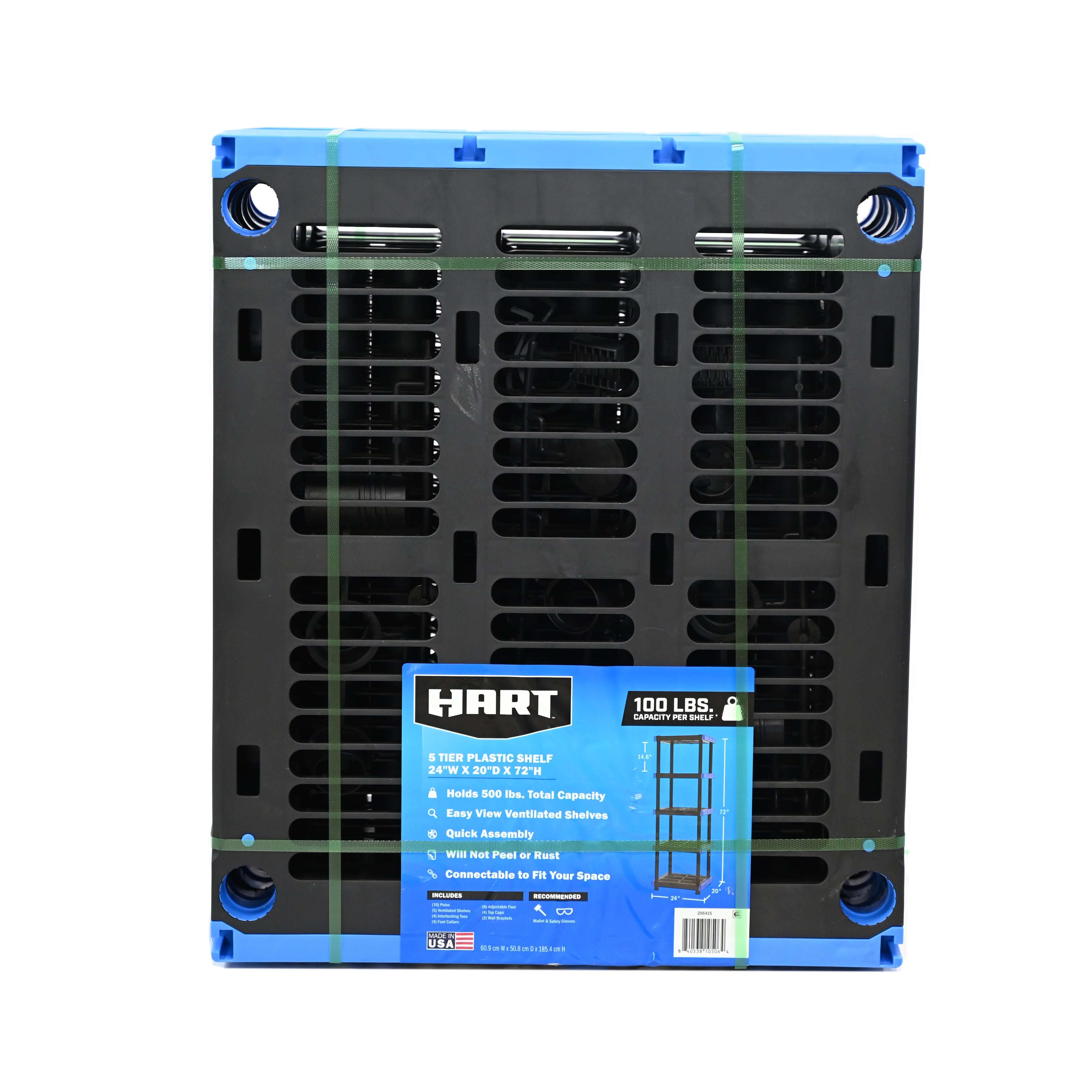 Hart 5-Shelf Plastic Storage Shelf, 24" W x 20" D x 72" H, Holds up to 500 lb Total Capacity, Black and Blue