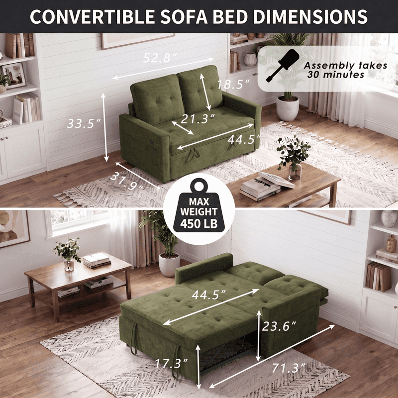 Gewnee 53" Sofa Bed, 3 in 1 Convertible Loveseat Sleeper Sofa, Pull Out Couch with USB Port, Futon Sofa Bed with Storage Pockets for Small Spaces, Teddy Fabric,Green