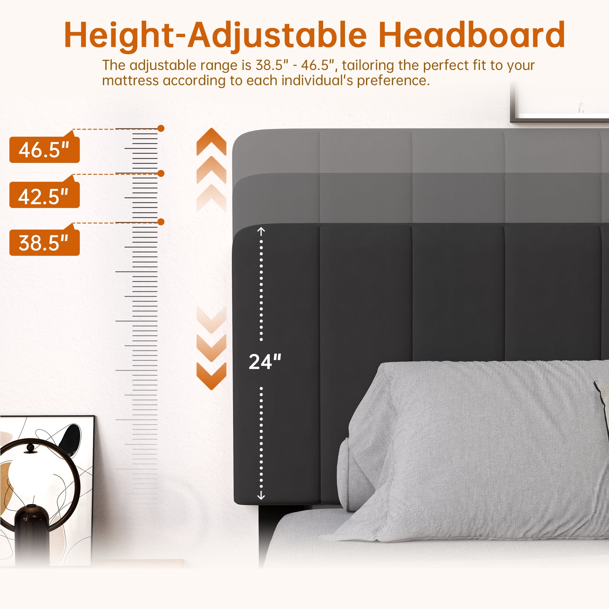 Pingliang Home Queen Size Bed Frame with Adjustable Upholstered Headboard&Wood Slats Support,Black