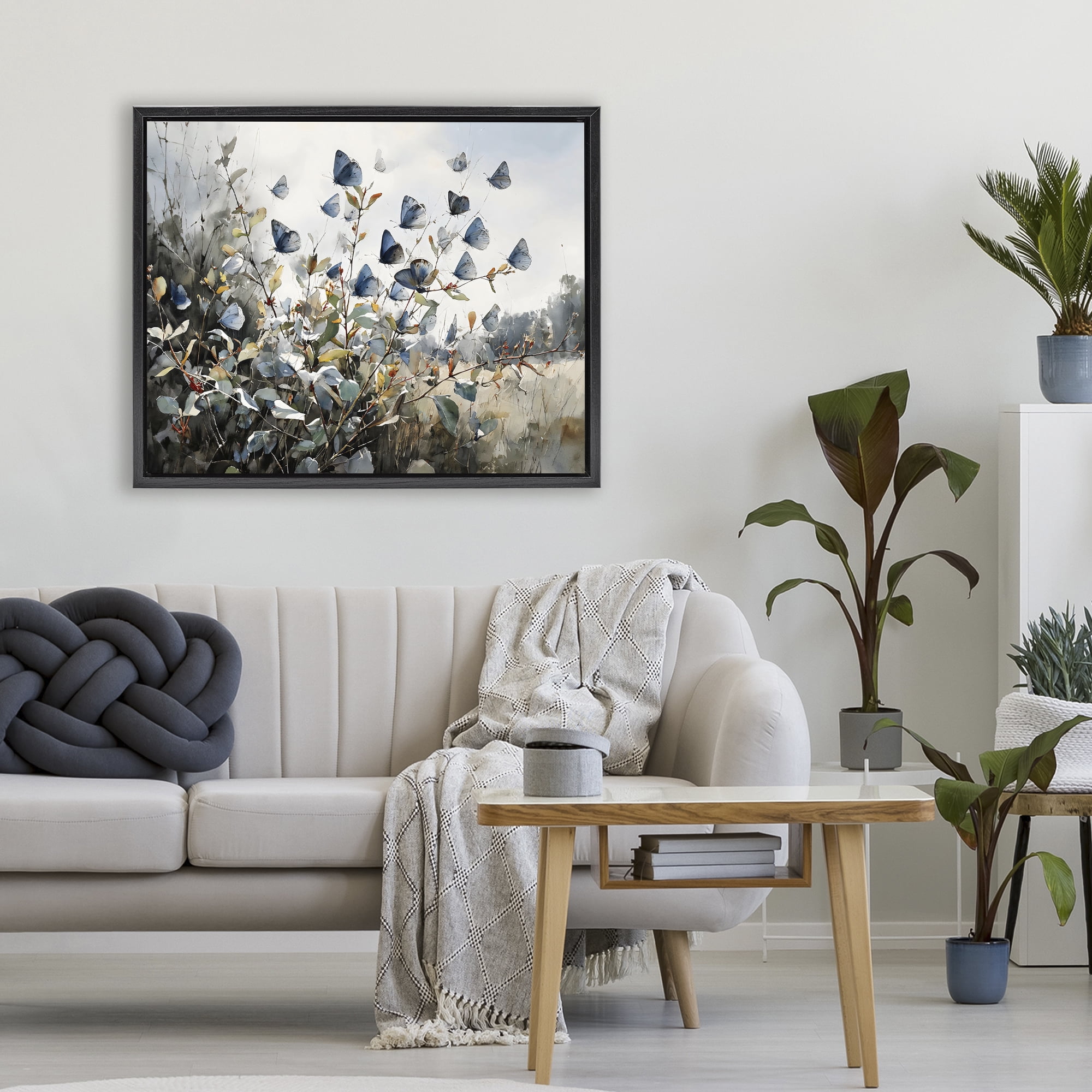 Stupell Industries Blue Butterflies Among Meadow Leaves Black Framed Floater Canvas Wall Art, design by Franklyn Gregory