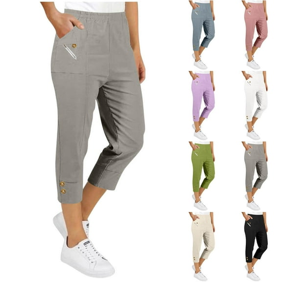Kmdttou Capri Pants for Women Dressy Casual Fashion Solid Color Stretch Waist Strap Pocket Zipper Pants 7 Quarter Pants
