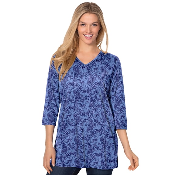 Woman Within Plus Size Perfect Printed Three-Quarter-Sleeve V-Neck Tunic